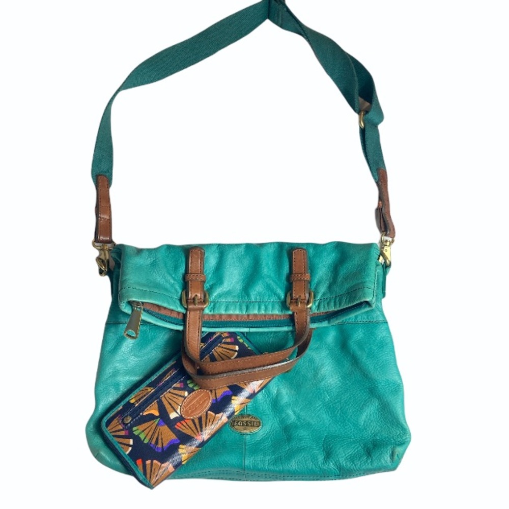 Fossil Teal Large Foldover Zipper Bag - image 2